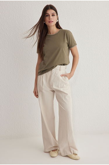 Khaki 100% Cotton Contrast Stitch Detail Basic Crew Neck Knitted T-Shirt