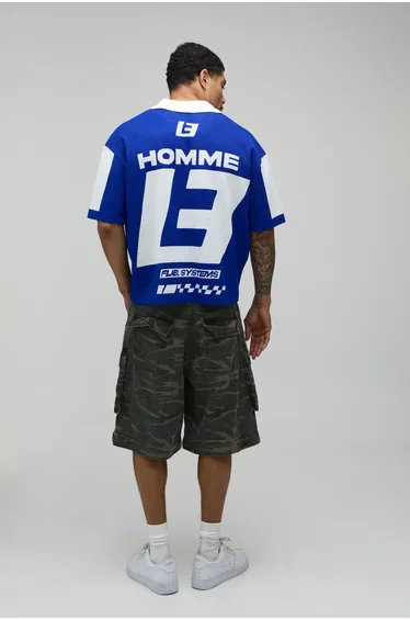 Oversized Boxy Moto Jacquard Knitted Polo - blue