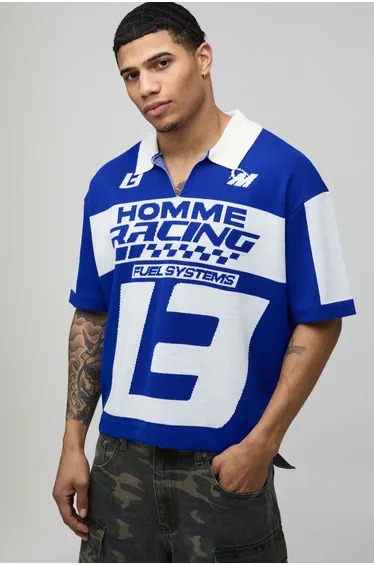 Oversized Boxy Moto Jacquard Knitted Polo - blue