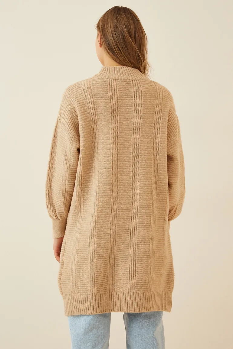 Women's Cream Balloon Sleeves Oversized Knitwear Cardigan - 1