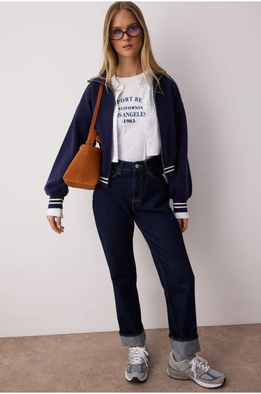 Navy Blue Premium Yarn/Special Yarn Zippered Coat-Look Knitwear Cardigan
