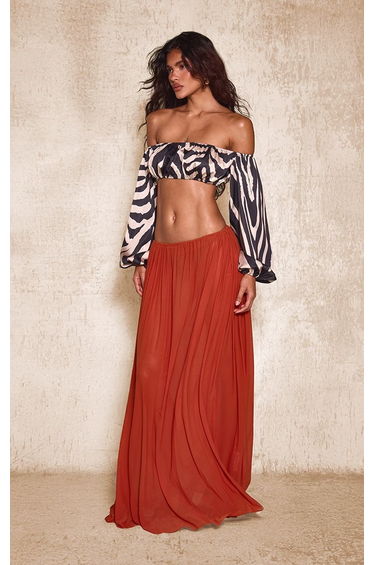 Burnt Orange Mesh Drape Maxi Skirt