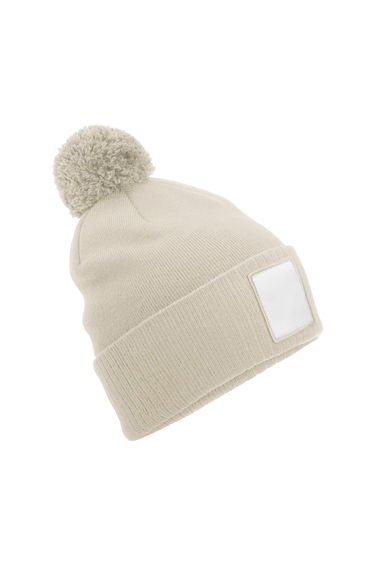 Beechfield Pom Pom Appliqué Patch Beanie - Oatmeal/White