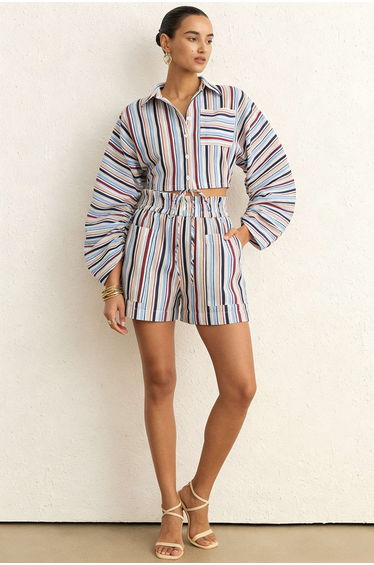 Stripes Print Pocket Shirred Waistband Shorts