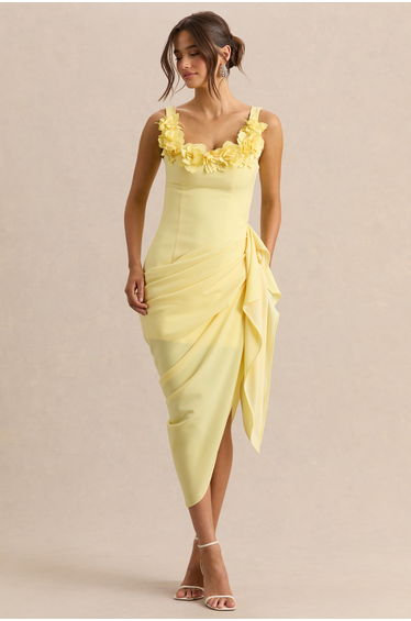 Letitia | Lemon Scoop-Neck Embellished Wrap Midi Dress