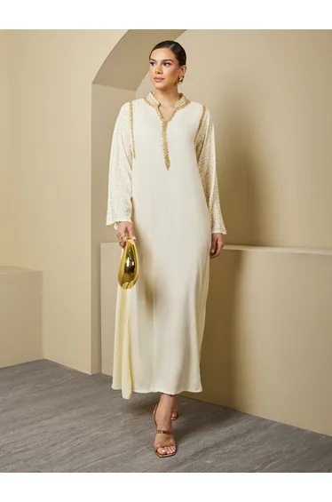 Embellished Stand Collar Lace Detail A-Line Jalabyia