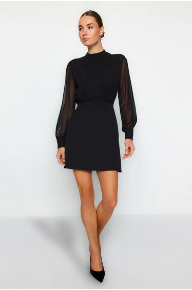 Black A-Line Mini Dress with Long Sleeves
