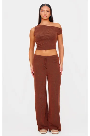 Chocolate Brown Two Tone Crinkle Rib Slouchy Fit Trousers