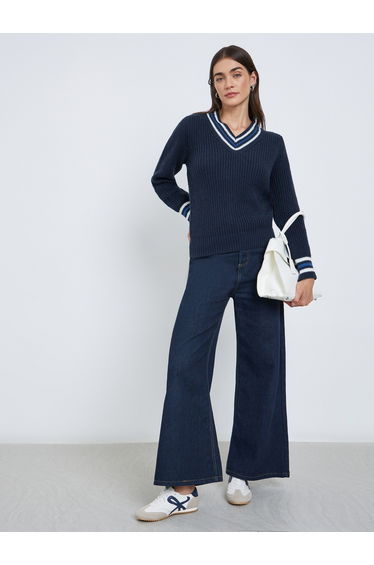 Navy Blue V-Neck Knitted Striped Sweater