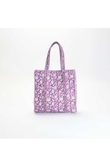 Quilted Shopper Bag with Indian-Inspired Print PURPLE
