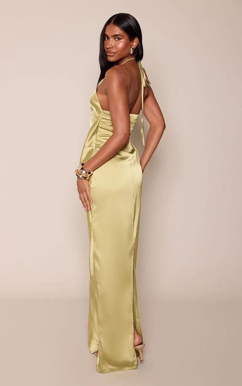 Olive Satin Asymmetric Drape Detail Maxi Dress - 1