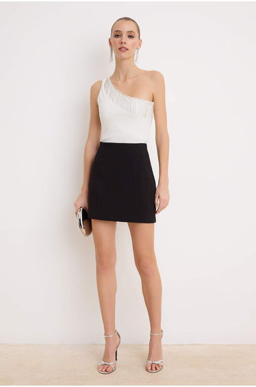 White Stone Accessory Detailed Asymmetric Collar Party Blouse