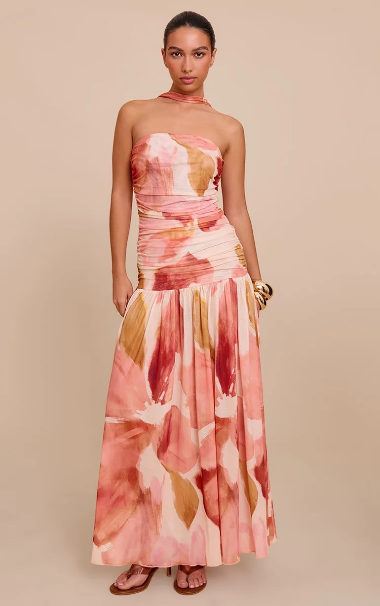 refinement beige floral print ruched strapless maxi dress Pretty Beige Floral Print Dress - Pleated Mesh Maxi - Strapless