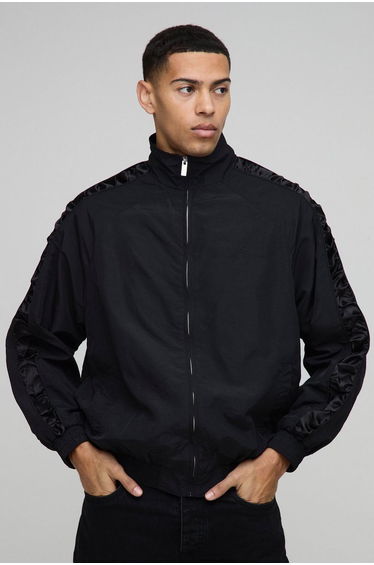 Regular Fit Satin Panel Ruched Sleeve Nylon Track Jacket