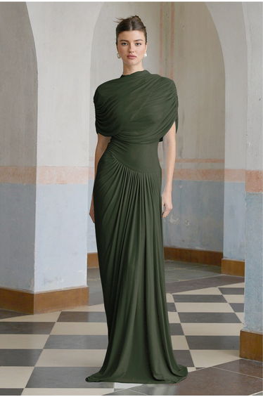 Catherine asymmetrical pleated maxi dress in Green