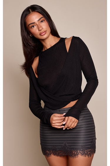 Petite Black Double Layer Cowl Neck Top