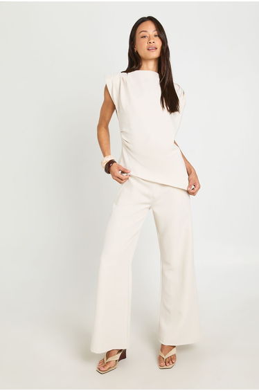 Tall Asymmetric Shoulder Pad Top & Straight Leg Trouser Co-Ord - ecru