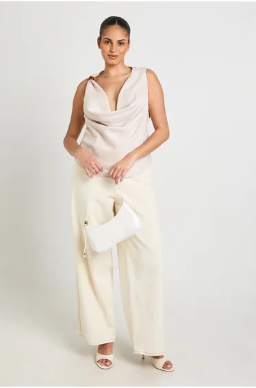 Plus Crepe Beaded Cowl Neck Top - stone