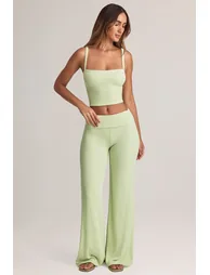 Modal Foldover Wide-Leg Trousers in Sage Green - 3