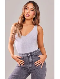 Petite Grey Marl Basic Cotton Blend Plunge Sleeveless Bodysuit