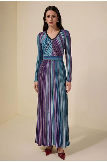 Knit Contrast Color V-Neck Midi Dress