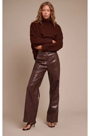 Dark Chocolate Faux Leather Croc Print Straight Leg Trousers