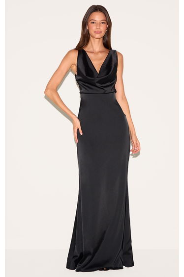 Black Bridesmaid Satin Cowl Neck Maxi Dress