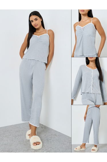 Pack of 3 - Ruched Front Lace Detail Cami, Shirt and Pyjama