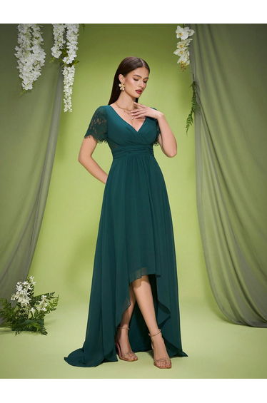 Leely Elegant V Neck Short Sleeve High-Low Hem Evening Gown