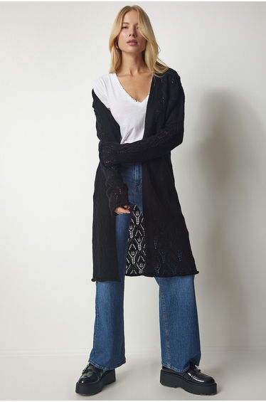 Women's Black Openwork Long Knitwear Cardigan