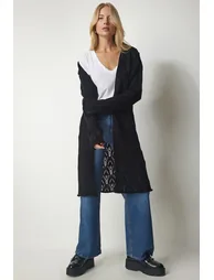 Women's Black Openwork Long Knitwear Cardigan