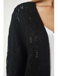 Women's Black Openwork Long Knitwear Cardigan - 4