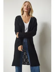Women's Black Openwork Long Knitwear Cardigan - 1
