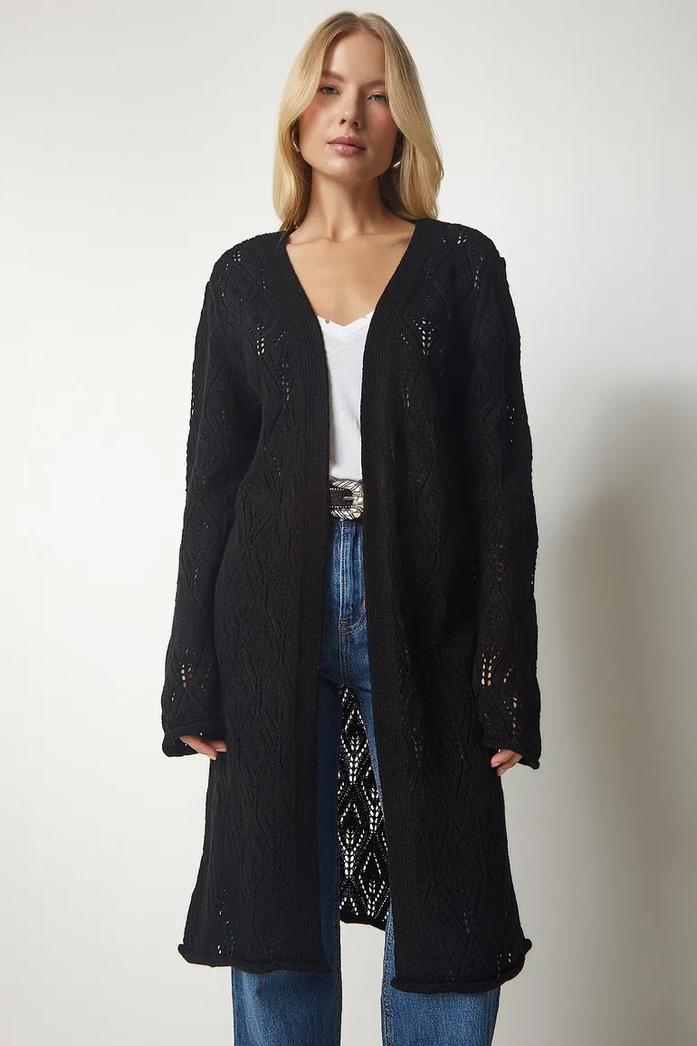 Women's Black Openwork Long Knitwear Cardigan - 2