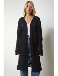 Women's Black Openwork Long Knitwear Cardigan - 2