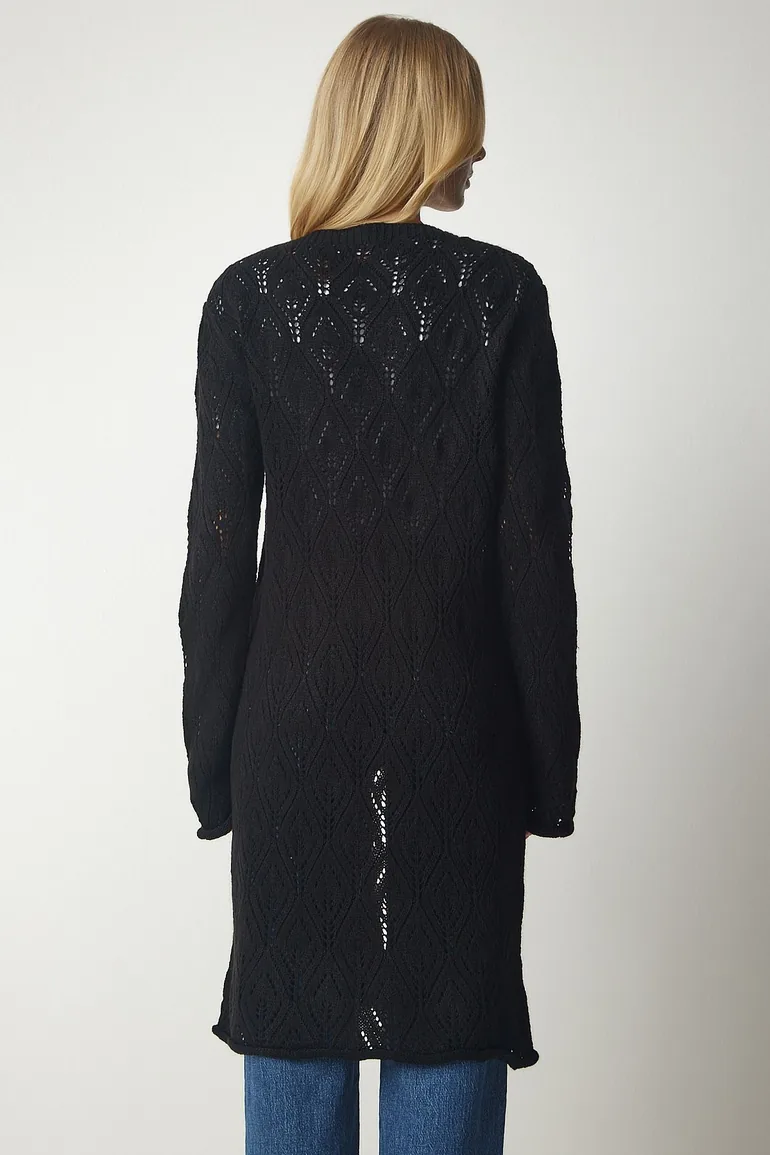 Women's Black Openwork Long Knitwear Cardigan - 3