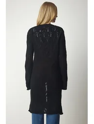 Women's Black Openwork Long Knitwear Cardigan - 3