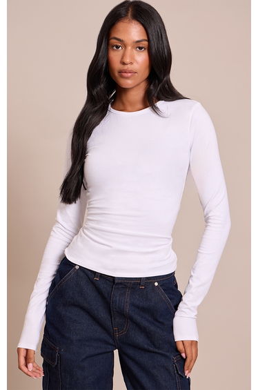 Tall White Crew Neck Cotton Long Sleeve Top