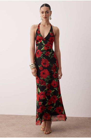 Red-Multicolored Lined Tulle Evening Dress