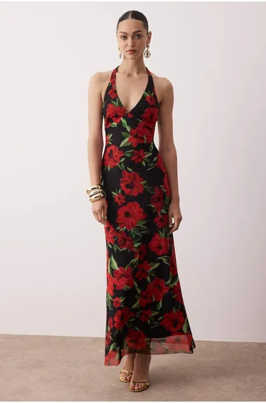 فستان ترينديول شيفون أحمر ماكسي بقصة ميرمايد بياقة هالتر بطبعة أزهار