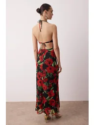 Red-Multicolored Lined Tulle Evening Dress - 3