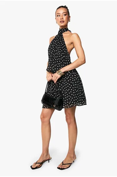 Tall Polka Dot Chiffon Scarf Detail Mini Dress - pink