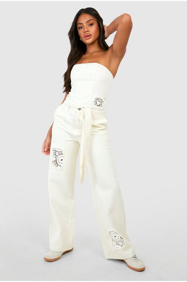 Crochet Mix Belted Wide Leg Jeans - ecru