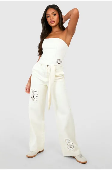 Crochet Mix Belted Wide Leg Jeans - ecru