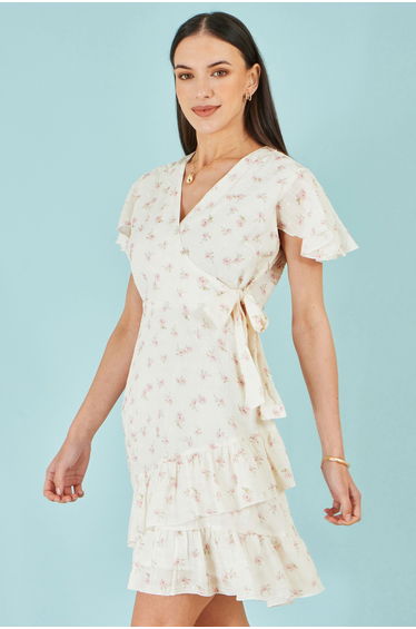 Yumi White Rose Print Wrap Over Frill Dress product thumbnail 3