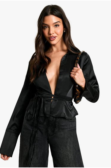 Collared Deep Cuff Tie Shirt - black