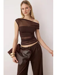 Dark Brown Plain Carmen Collar Long Knitted Tulle Party top