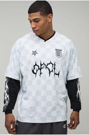 Oversized Grunge Varsity Rhinestone Checkboard Mesh Faux T-Shirt - white