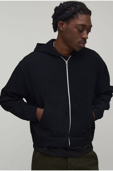 Oversized Shrunken Waffle Zip Through Hoodie - black