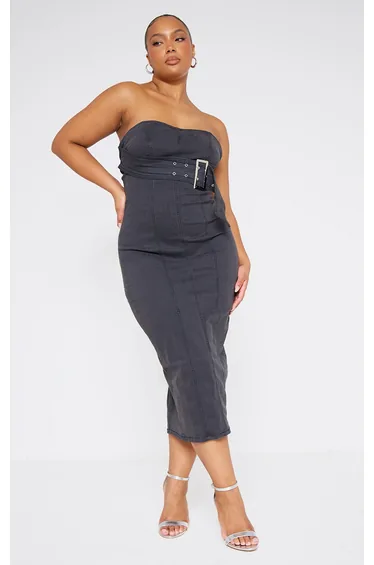 Plus Washed Black Stretch Denim Buckle Detail Bandeau Dress
